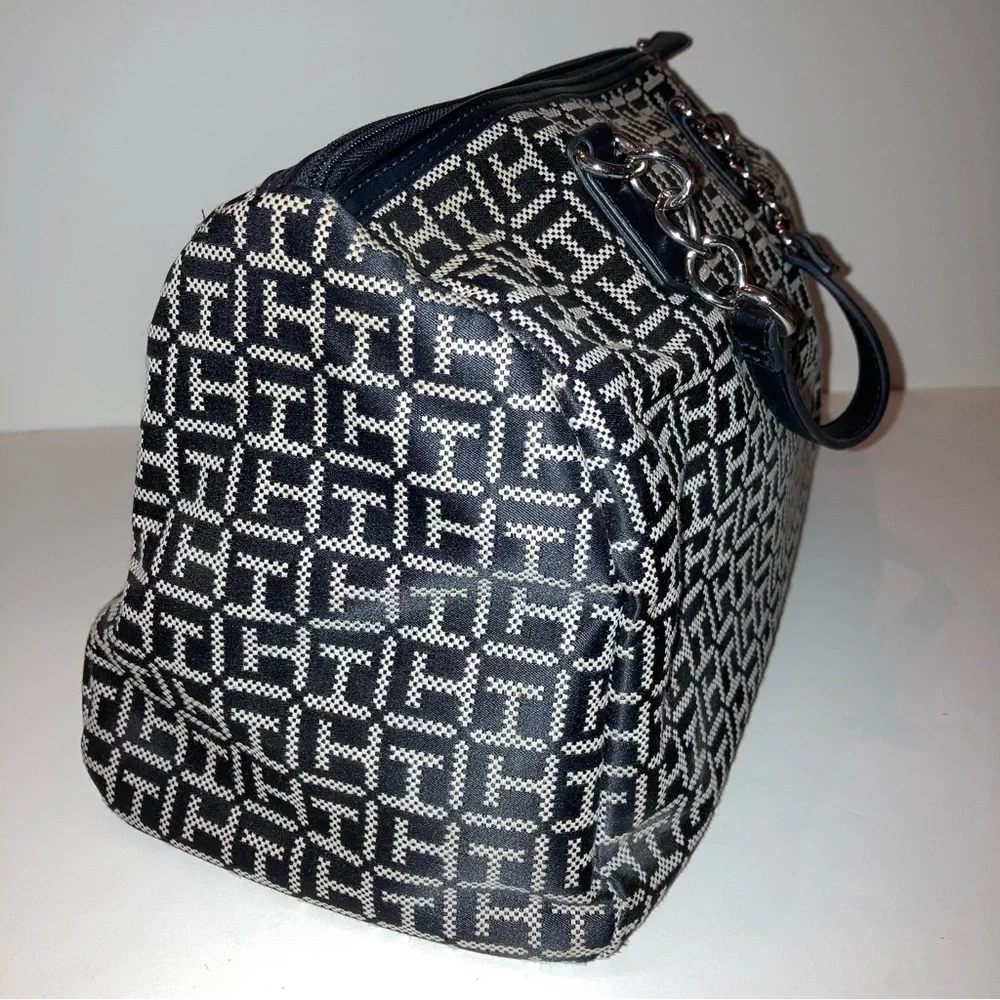 Tommy Hilfiger Black White Satchel Handbag Bowler TH Logo Monogram Fall Purse